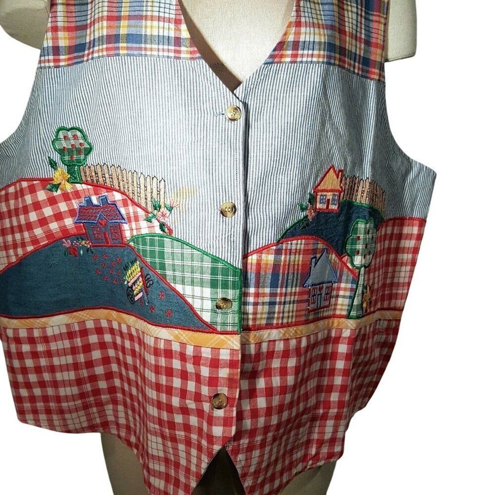 Vintage 90s Womens Vest Plus 24W Red Blue Country Garden Cottage Core